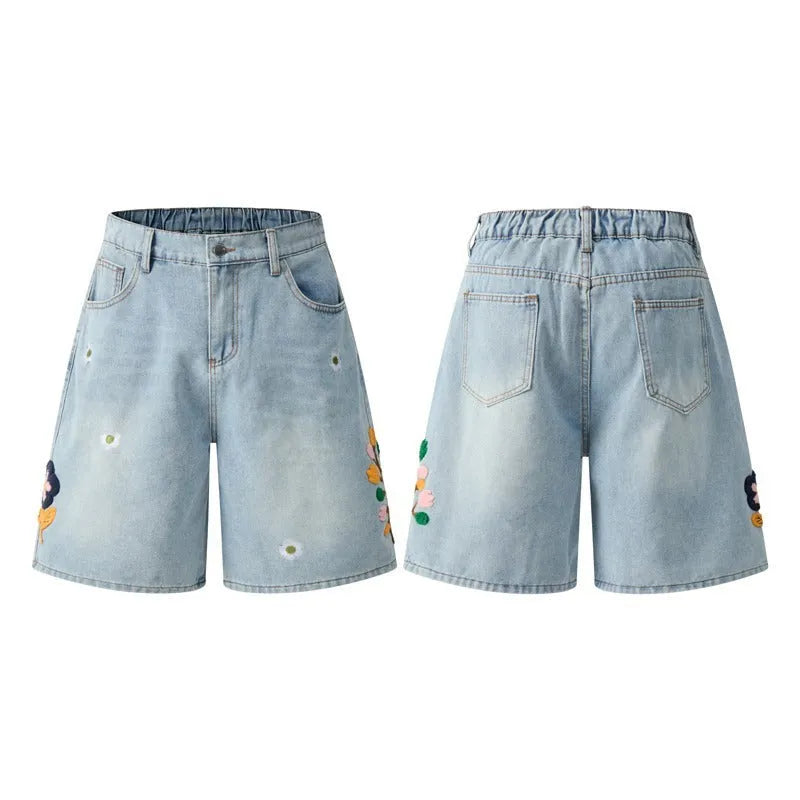 Retro workwear shorts in washed cotton fabric with half elastic waistband