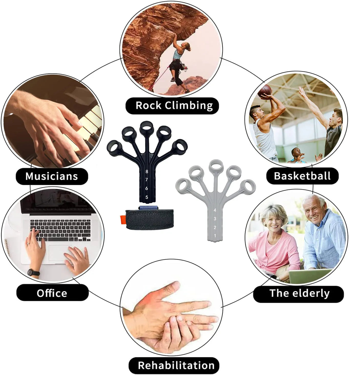 Silicone finger flexion and extension rehabilitation trainer with adjusting belt.