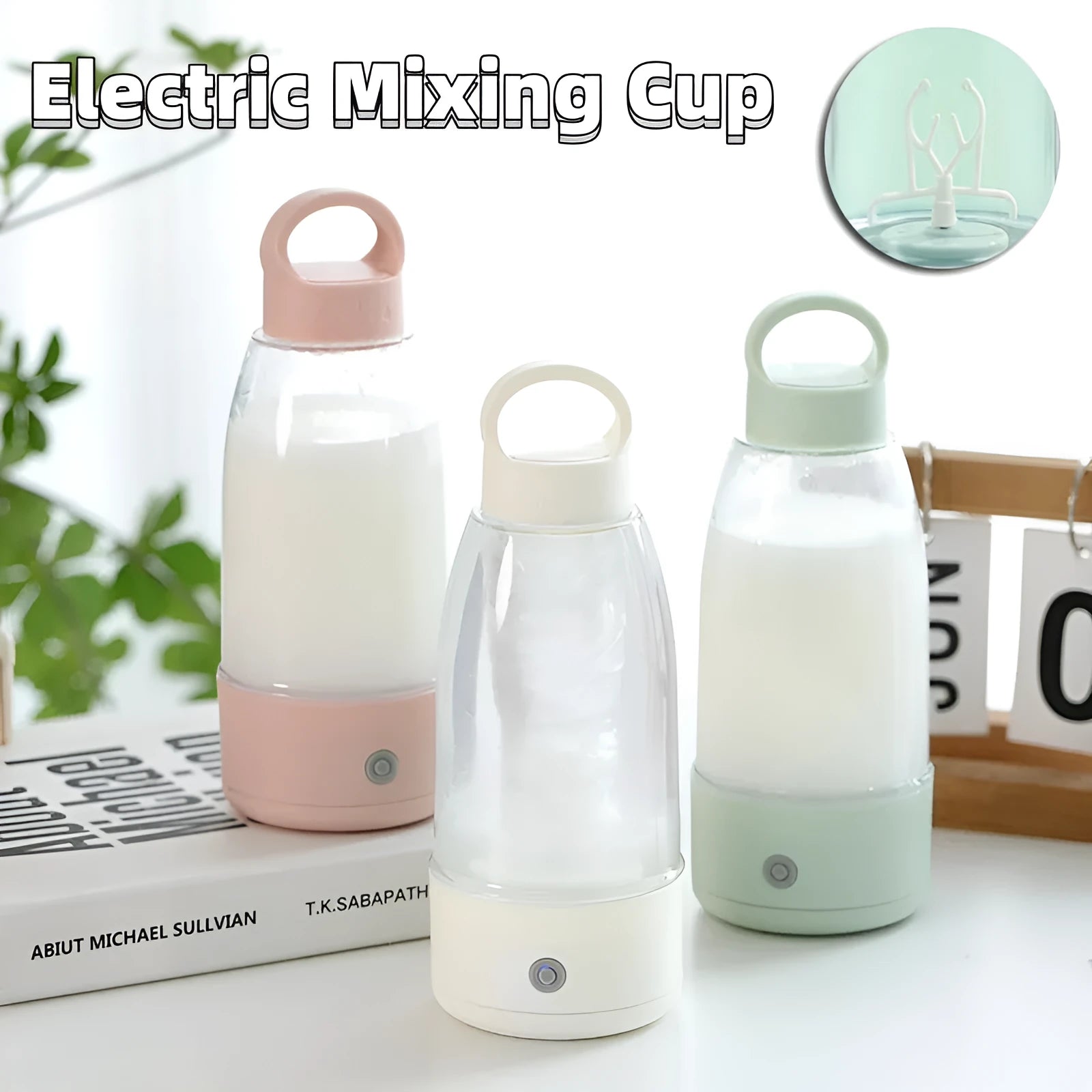 Automatic electric shaker bottle with USB charging, 350ml capacity, plastic body, and IPX5 waterproof rating