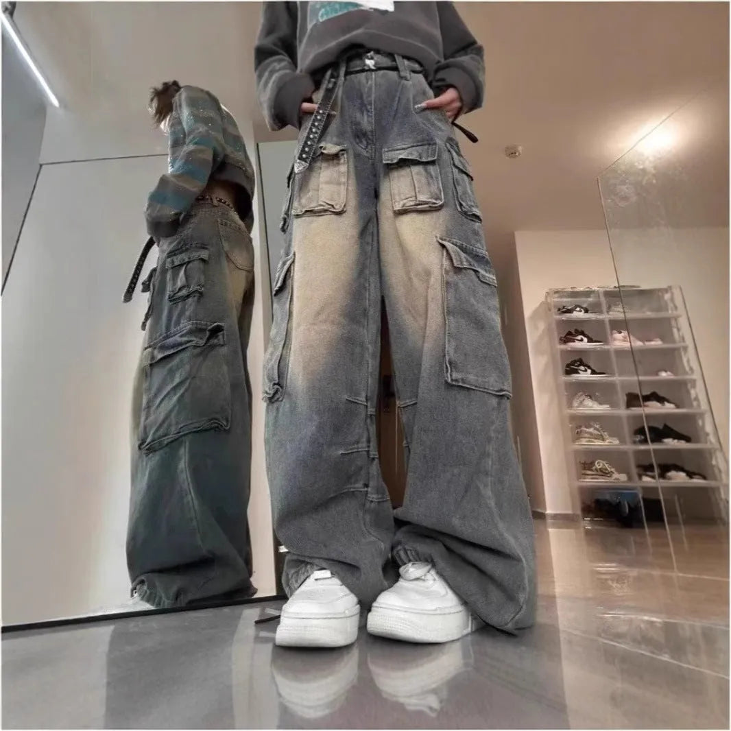 Loose fit distressed denim pants with multiple pockets in straight-leg street style