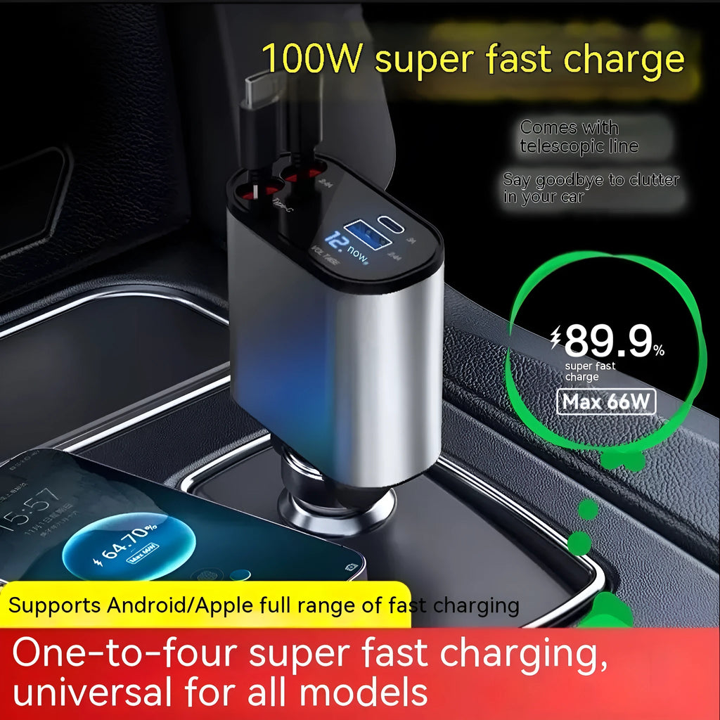 Car charger with retractable cable plugged into vehicle cigarette lighter socket
