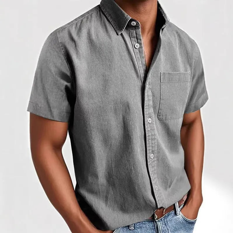 Single-breasted short sleeve loose fit shirt for men in khaki cotton blend fabric