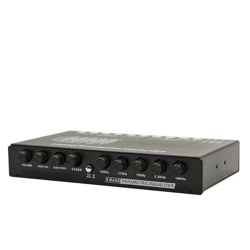 Car audio EQ frequency division amplifier with front panel controls for subwoofer adjustment