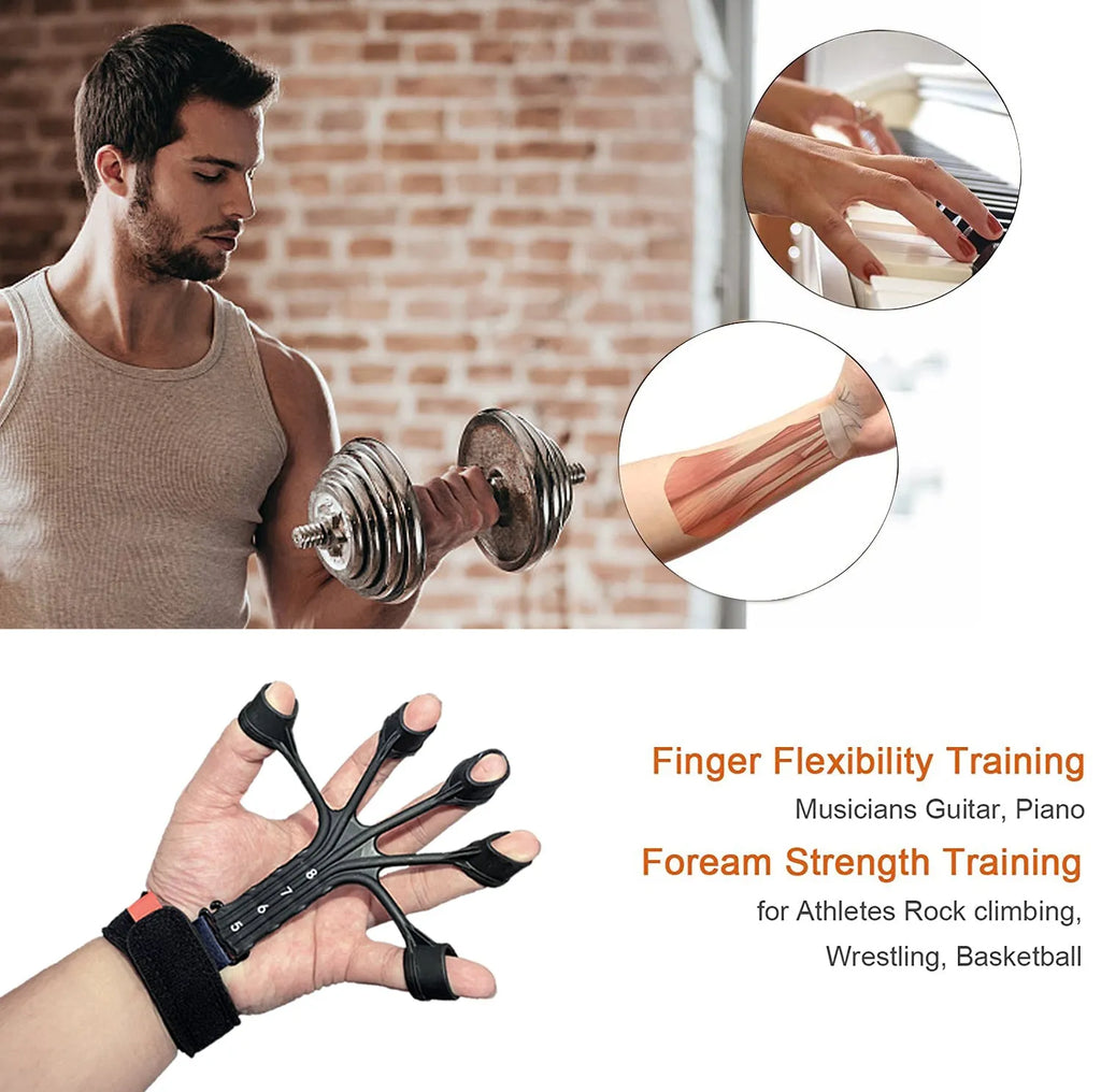 Silicone finger flexion and extension rehabilitation trainer with adjusting belt.