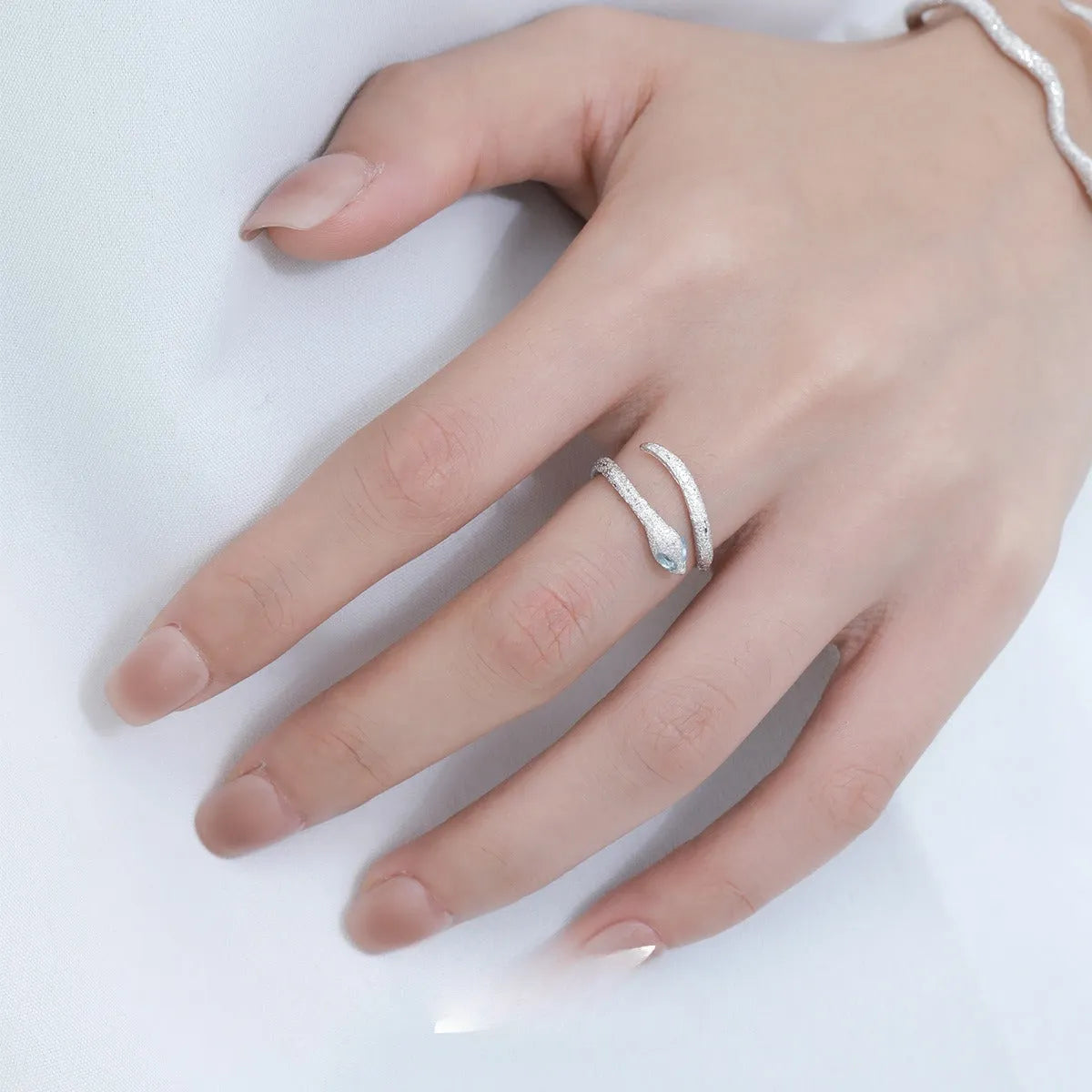 Silver snake zodiac ring with adjustable opening and platinum electroplated finish for women