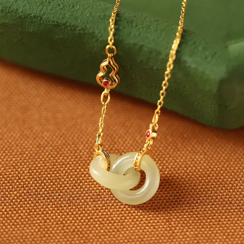 Gold-plated copper necklace with natural Hetian Jade gourd pendant on adjustable cross chain 41-50cm