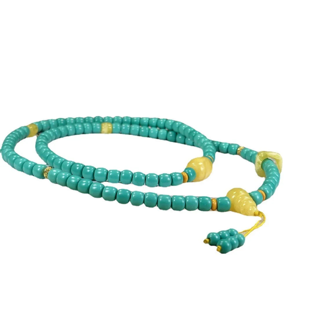Turquoise mesh flower lucky pendant necklace on ball bead chain, hand-woven design