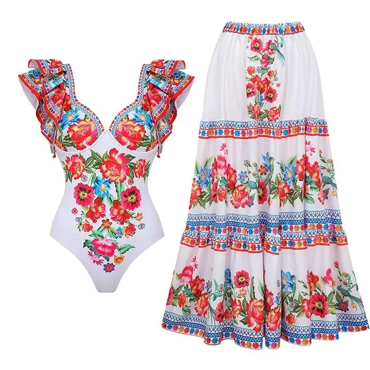 Women's printed one-piece swimsuit in polyester, showing floral and striped pattern options.