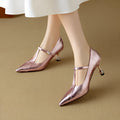 Genuine leather women's high heels with chunky mid heel and pointed toe design in gun colour