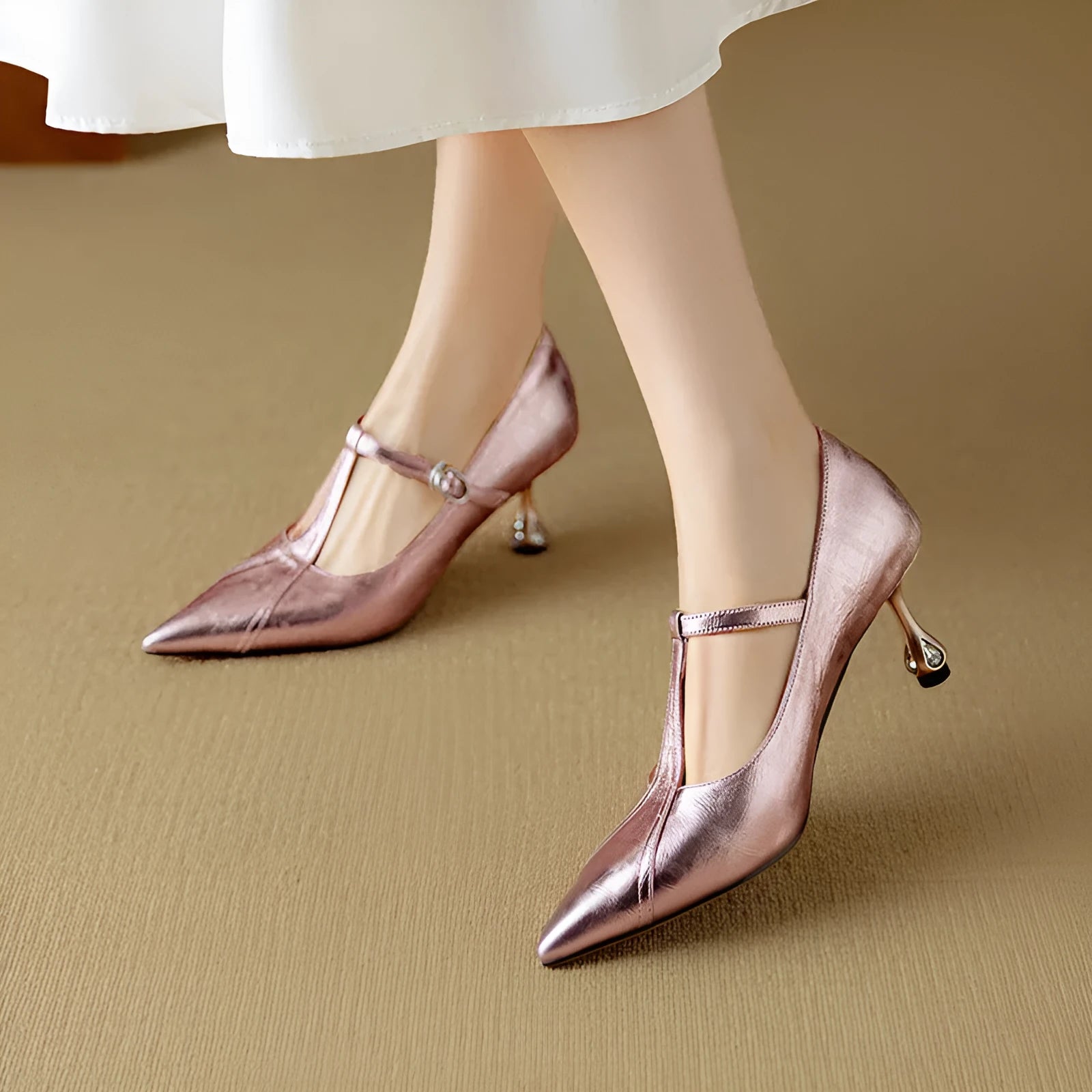Genuine leather women's high heels with chunky mid heel and pointed toe design in gun colour