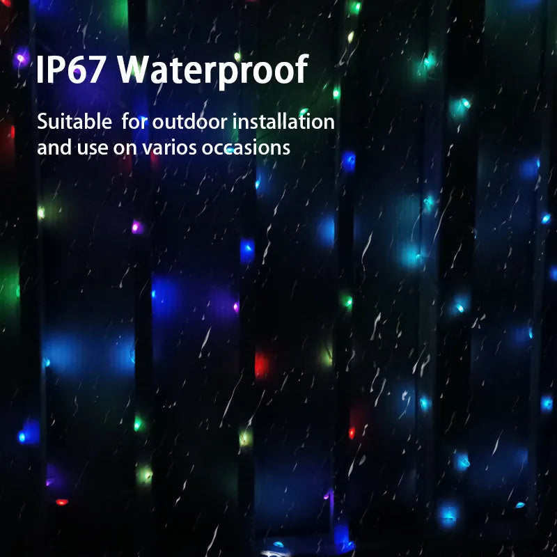 Colourful LED light string with 100 bulbs on a 10-metre wire, showing battery pack and multiple mode settings.