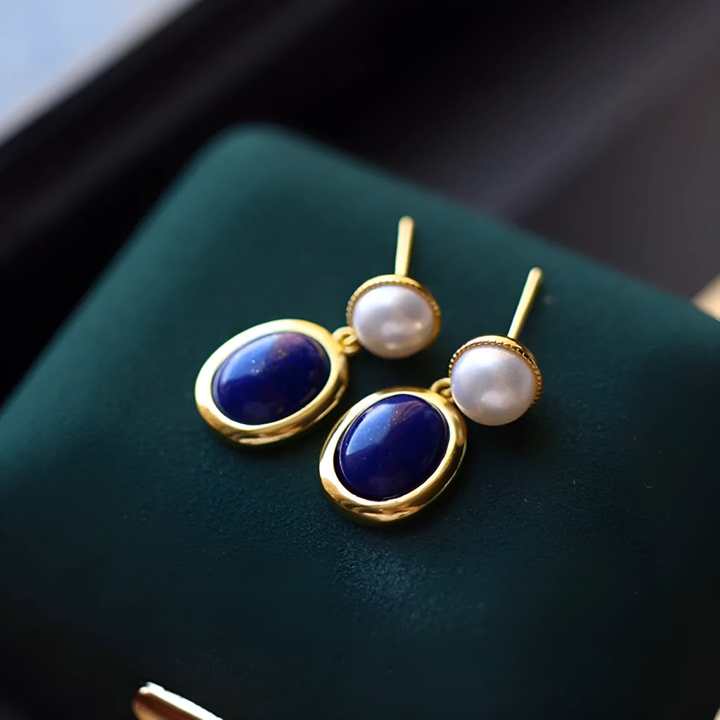 Pair of lapis lazuli pearl earrings in 925 silver setting with auspicious patterns