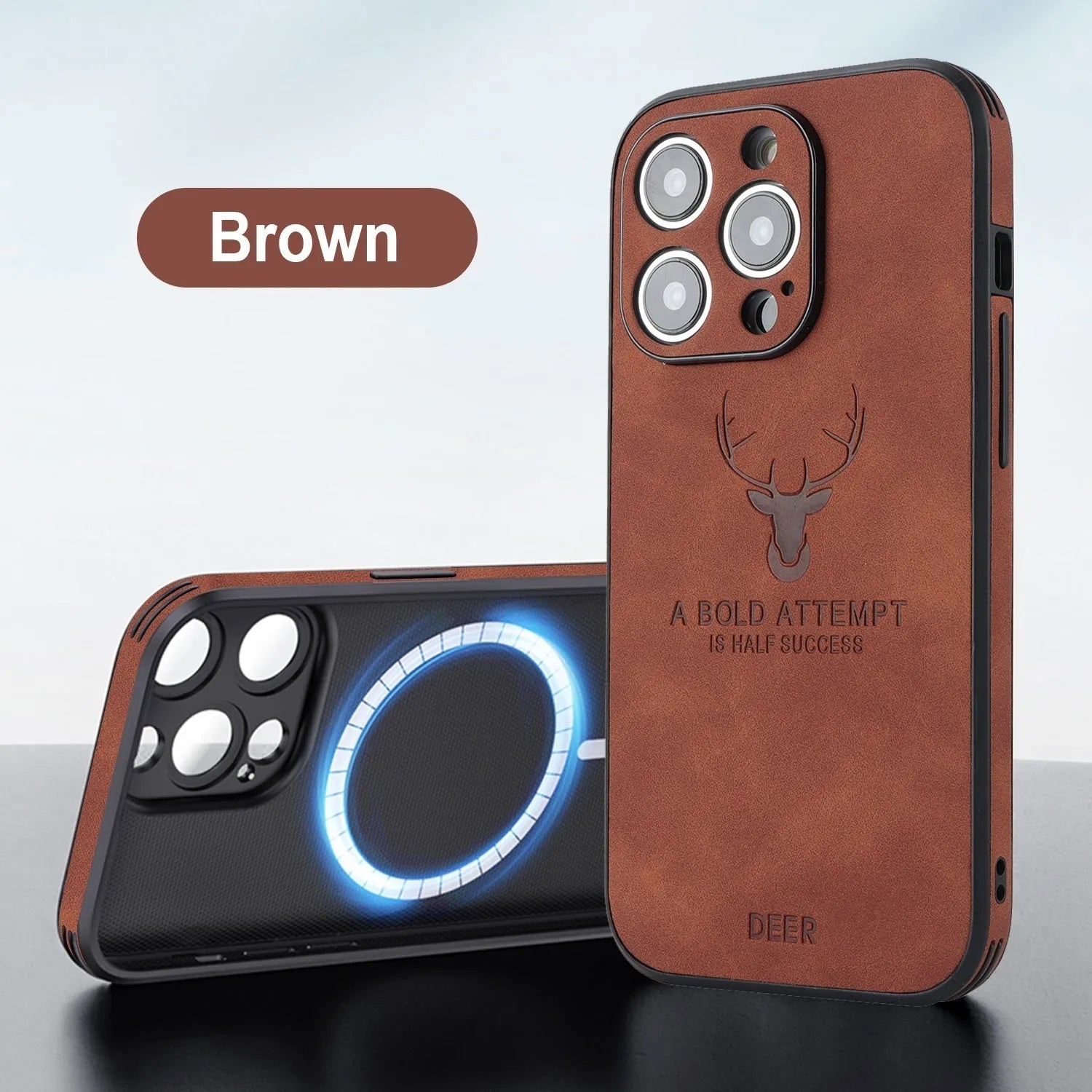 Magnetic charging moose head imitatin leather phone case for iPhone 16, black colour, embossed design