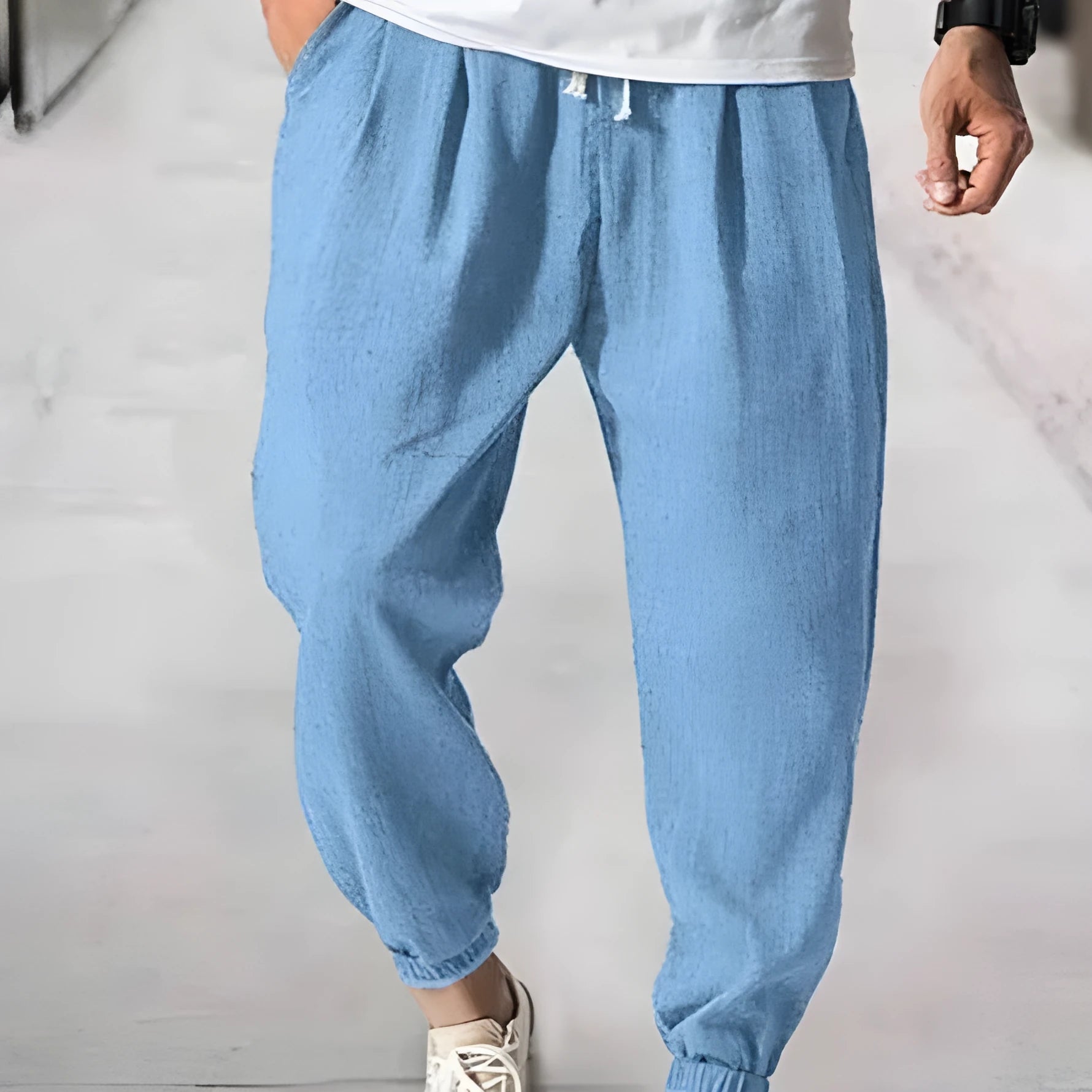 Men's casual loose cotton ankle banded trousers in khaki, summer style with elasticated waist