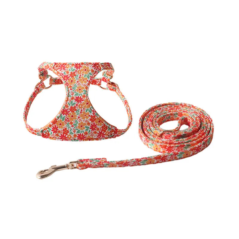 Cloth pet harness suit with leash in orange for small dogs and cats on white background
