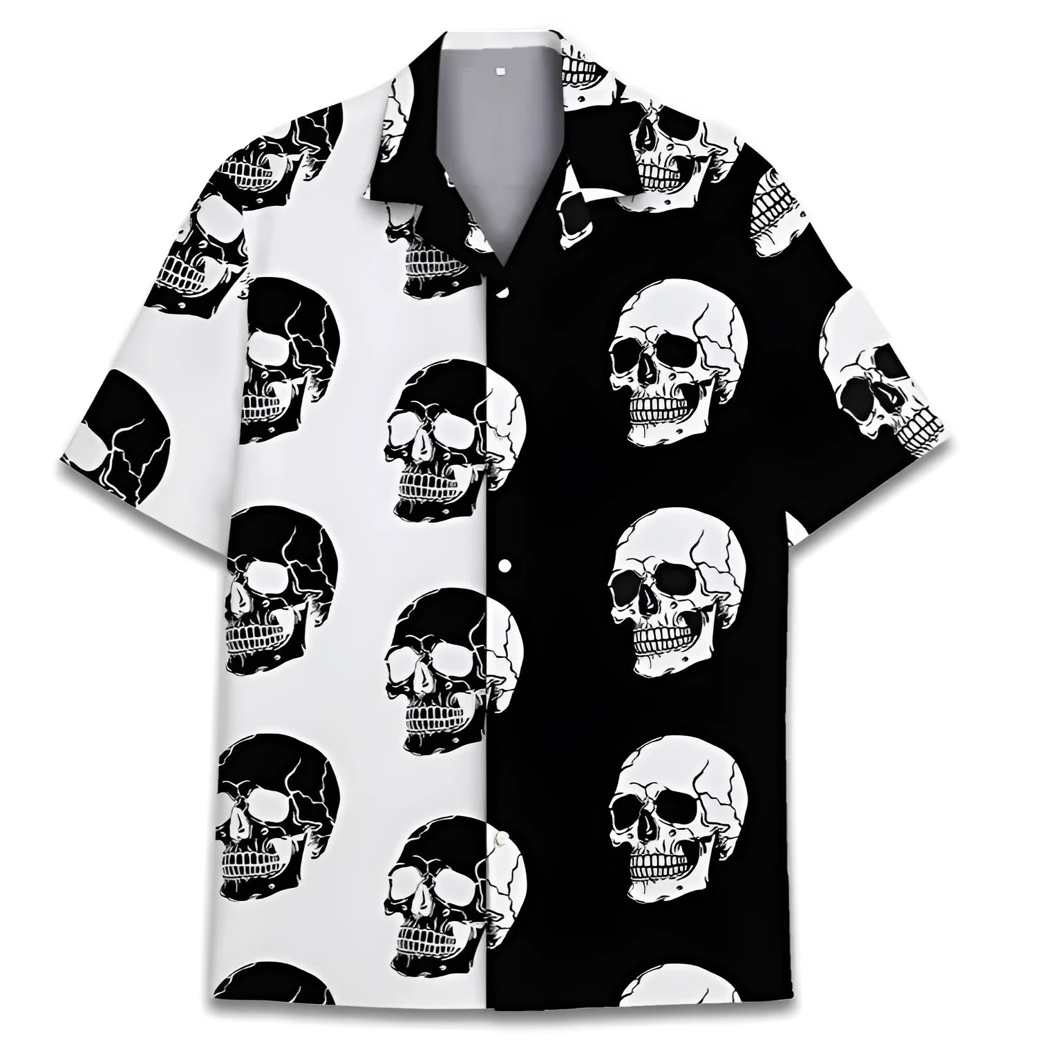 Men's digital print Cuban collar summer shirt in polyester fabric showing size range options