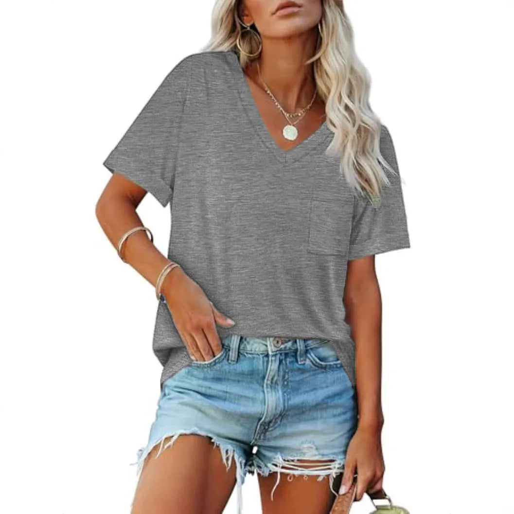 Grey loose fit V-neck T-shirt with chest pocket casual short sleeve top