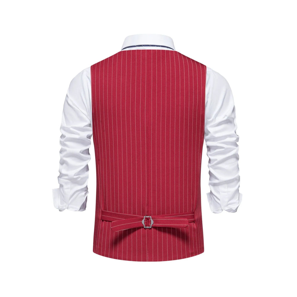 Man's striped suit vest with miter bottom hem in black, red, or khaki
