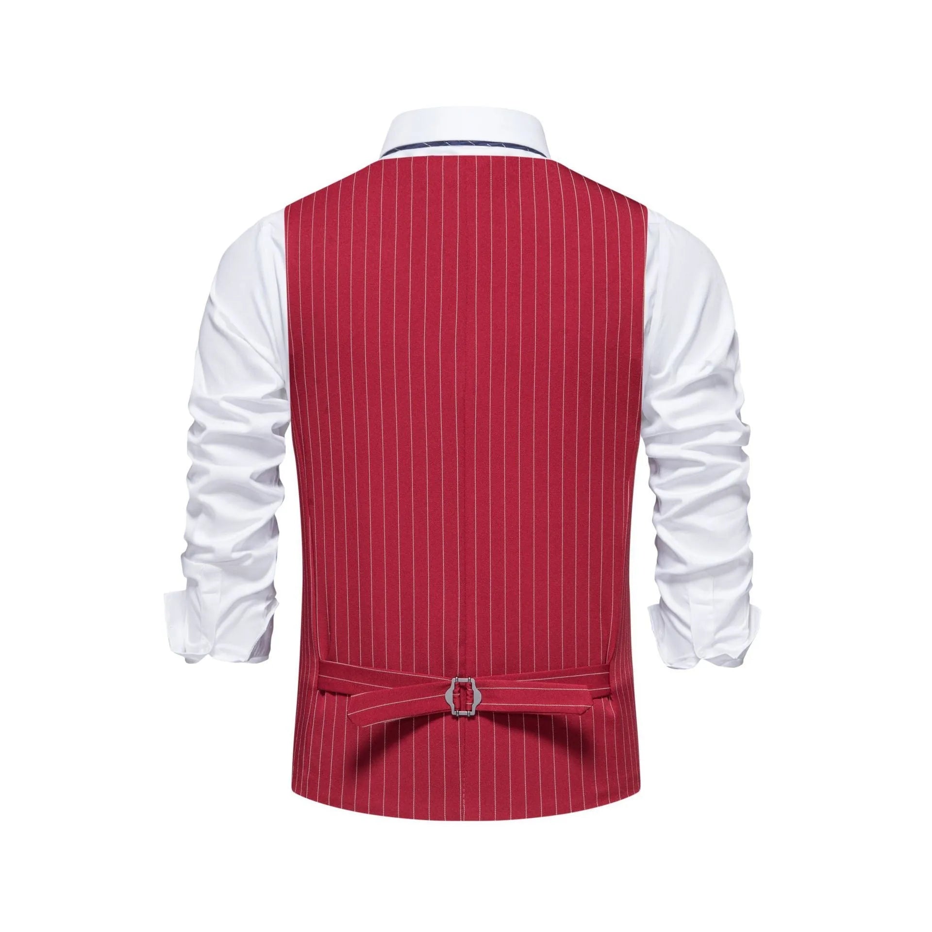 Man's striped suit vest with miter bottom hem in black, red, or khaki