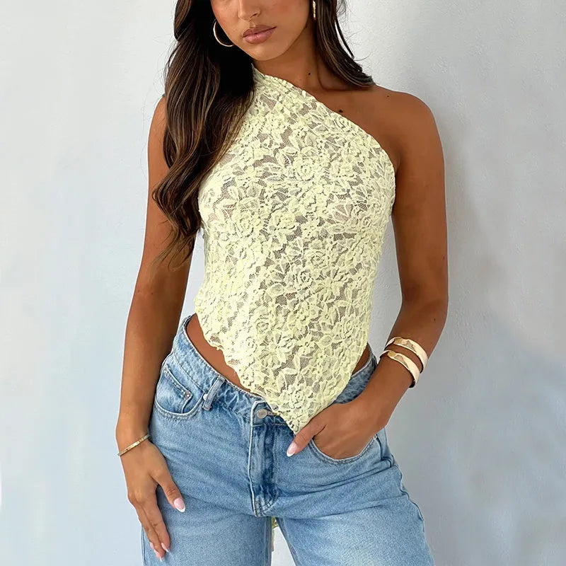 Women's sleeveless lace backless vest top with asymmetrical neckline in a solid colour.