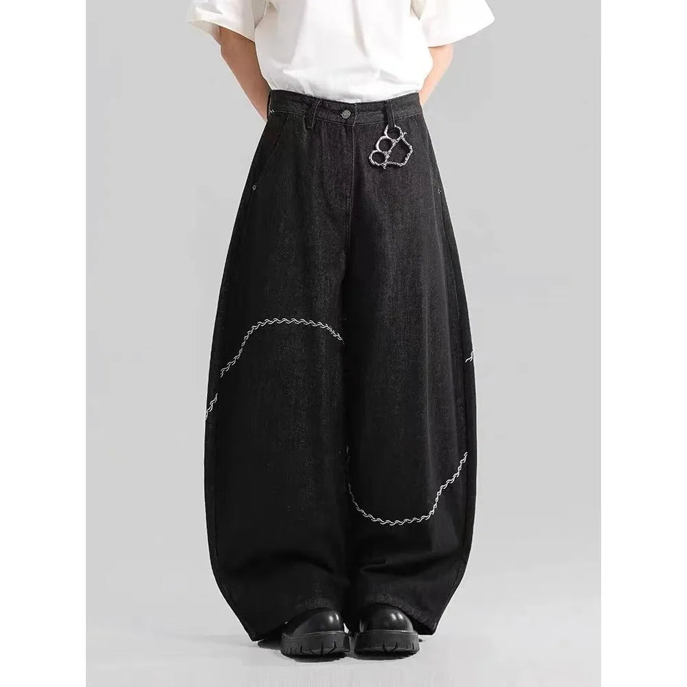Black straight-leg polyester denim trousers with micro-elastic waist and zip fly placket