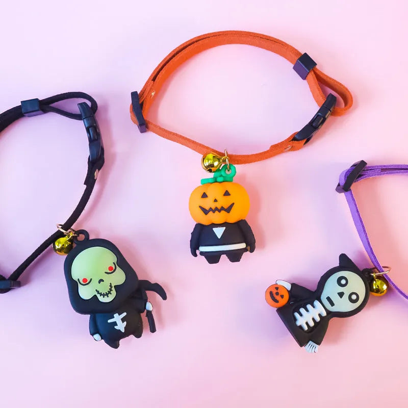 Halloween dog collar decoration with glow designs in pumpkin, brat, and skull patterns