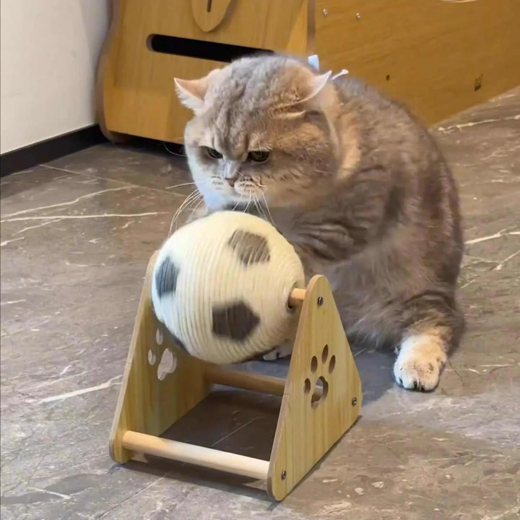 Vertical wooden cat scratch board with solid wood base and sisal rope winding, football style colour
