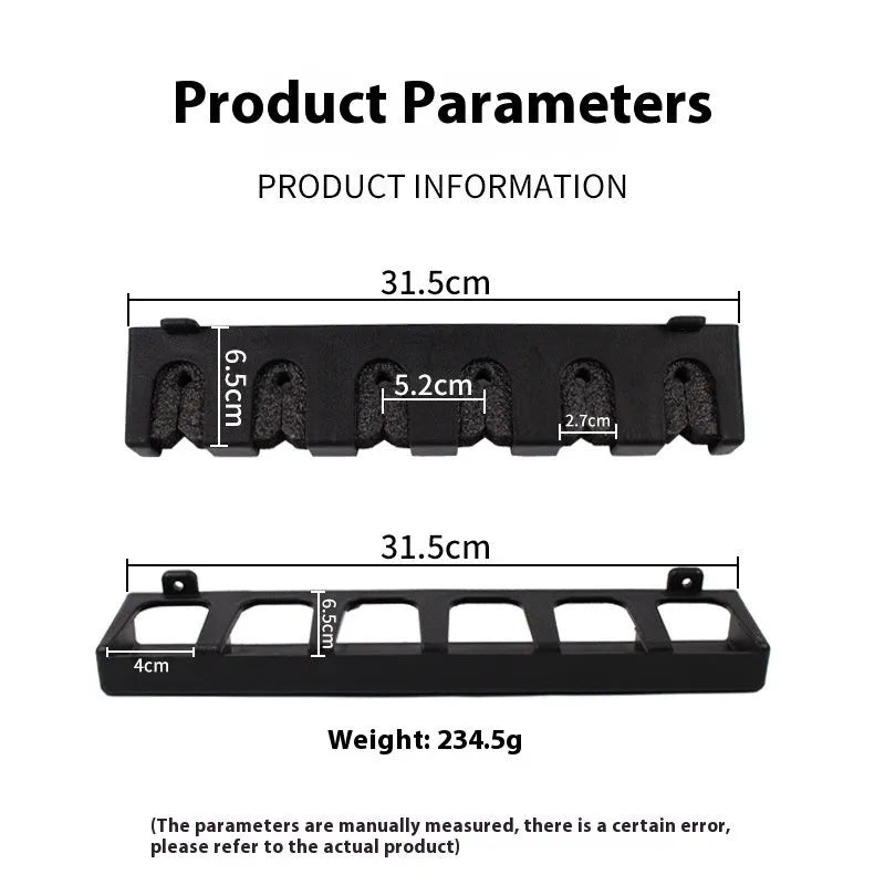 Black ABS plastic wall-mounted fishing rod holder for upright or horizontal storage.