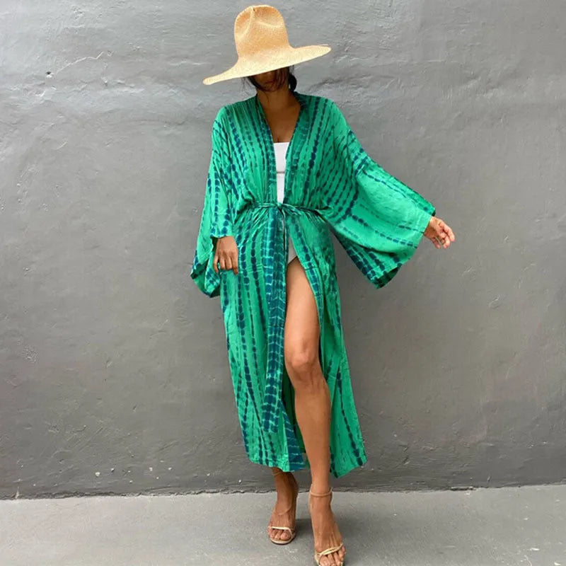 Loose cotton beach cover-up shirt with printed sun protection design in multiple colour options