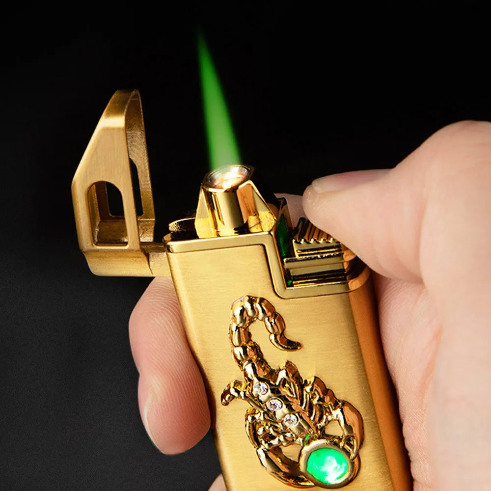 Scorpion chip gas lighter model F284 in gold with metal housing and compact 65mm size