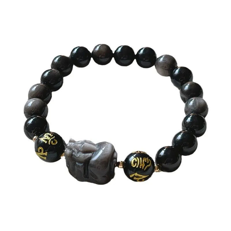 Men's silver stone bracelet with zodiac signs and Chinese proverb beads
