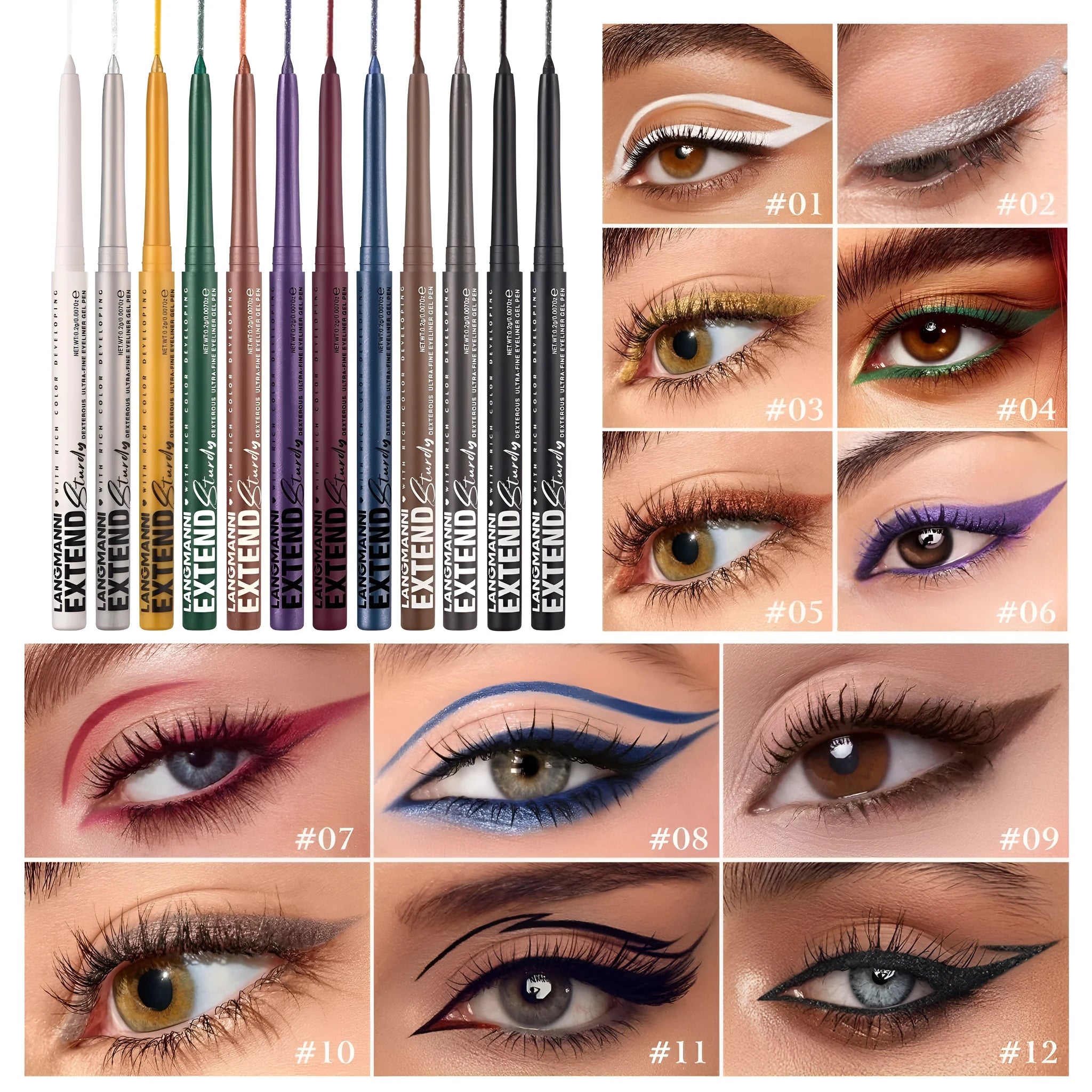 Set of 12 colourful gel glitter eyeliner pencils displayed in a row showing matte, glitter, and metallic shades.