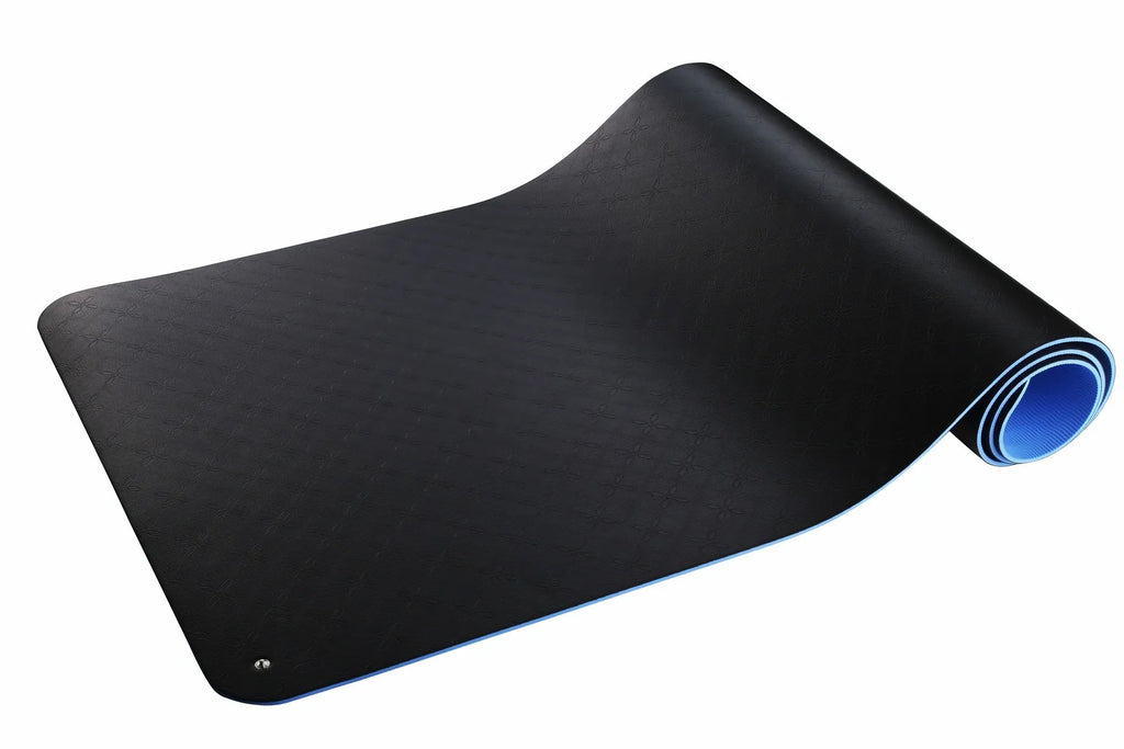 Blue conductive yoga mat with floral pattern, showing grounding wire and non-slip texture, dimensions 182x61cm.