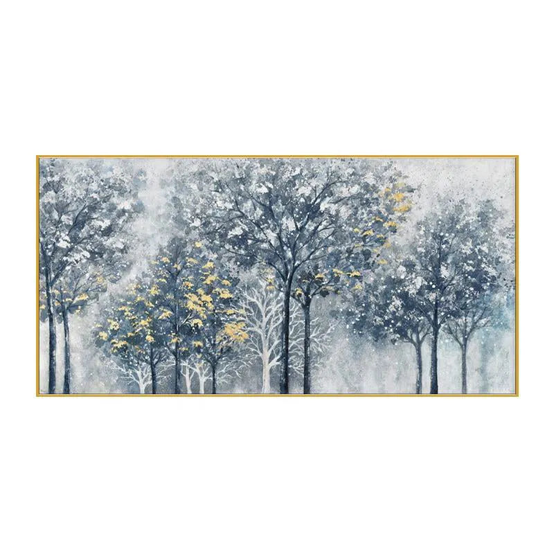 Handmade abstract silver-gray forest tree texture oil painting on canvas with blue and golden accents