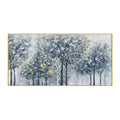Handmade abstract silver-gray forest tree texture oil painting on canvas with blue and golden accents