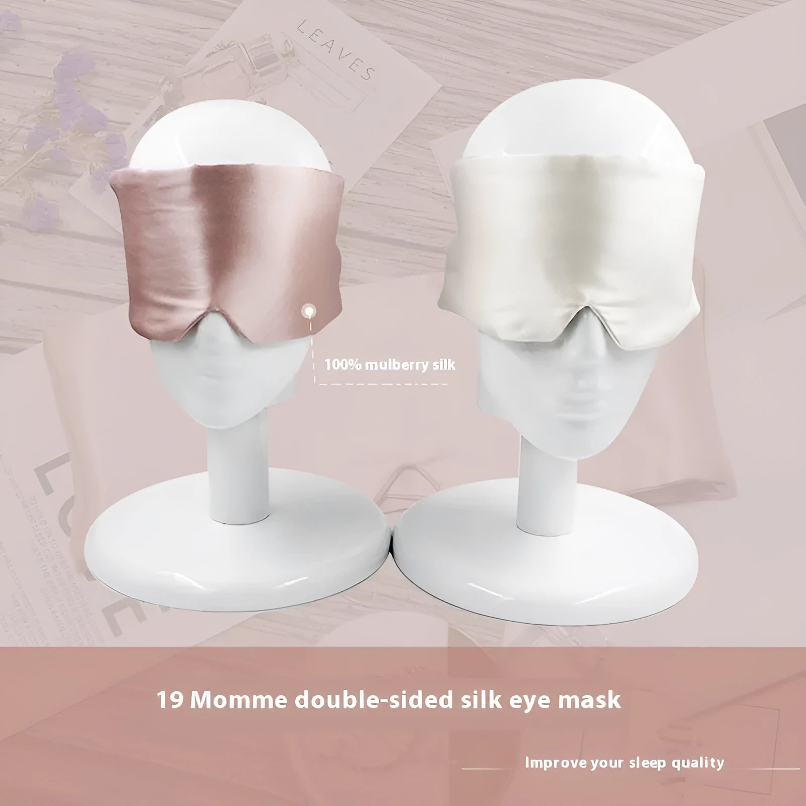 Mulberry silk sleep eye mask shown in one of seven colours: black, champagne gold, green, navy, pink, silver grey, or white.