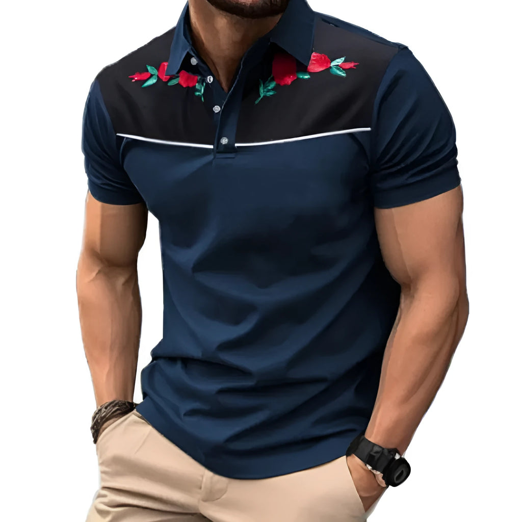 Men's blue short sleeve polo shirt with zipper decoration detail on the chest