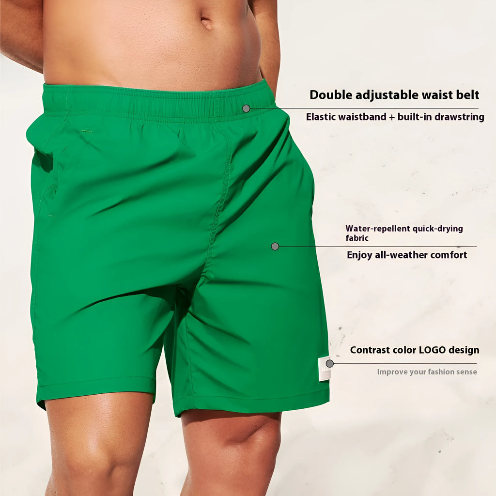 Men's quick-drying nylon beach shorts in blue with straight leg openings.