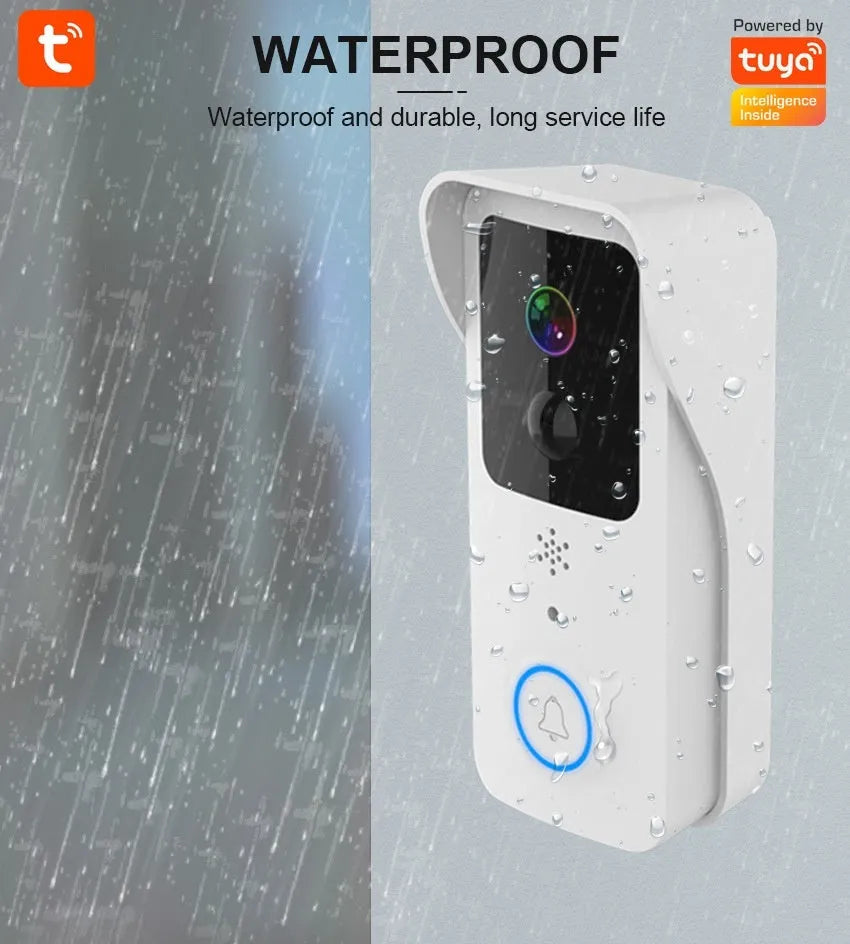 White waterproof HD visual doorbell with intercom, camera, and 18650 battery for home security