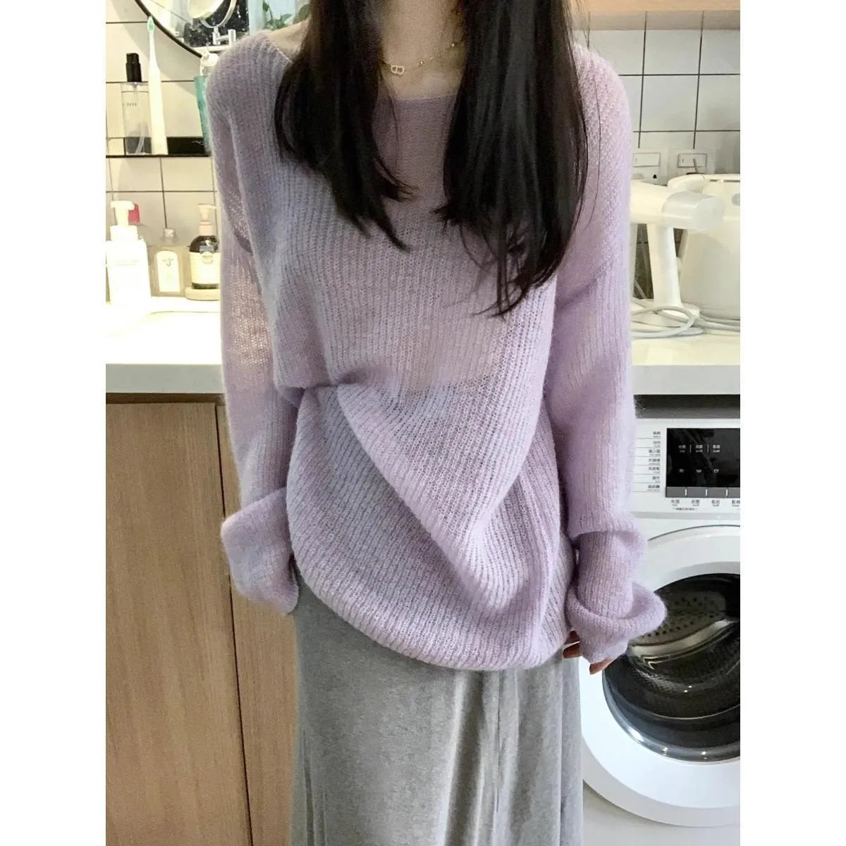 Purple women's ice silk blouse with princess sleeves and shoulder strap details