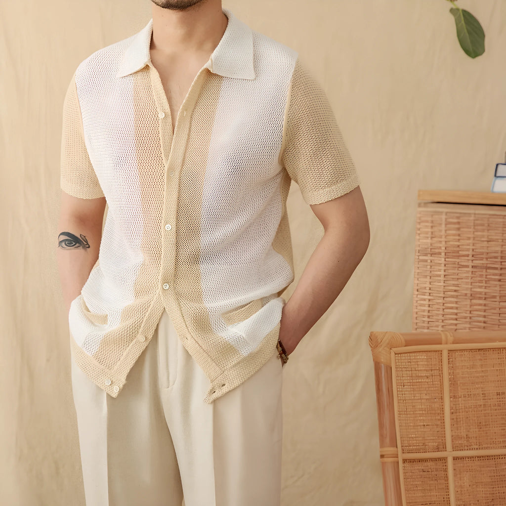 Hollow cotton and linen lapel short-sleeved cardigan knitted top in beige on a model