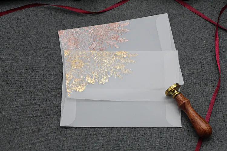 Sulfuric acid paper invitation card with bronzing matte varnish, gold sticker, 12.5x17.6 cm