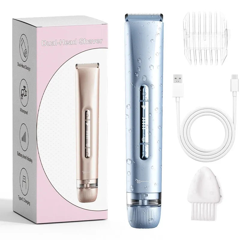 Women's double-head electric lady shaver for pubic hair, USB rechargeable, fully washable, ABS construction