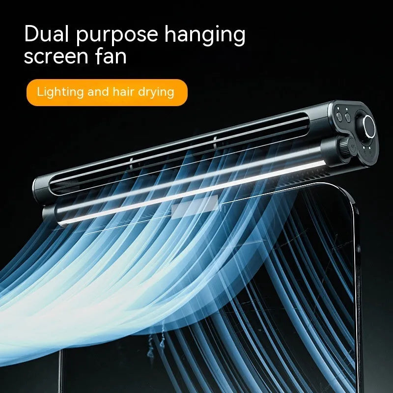 Black USB-powered bladeless clip-on laptop fan with integrated lighting lamp