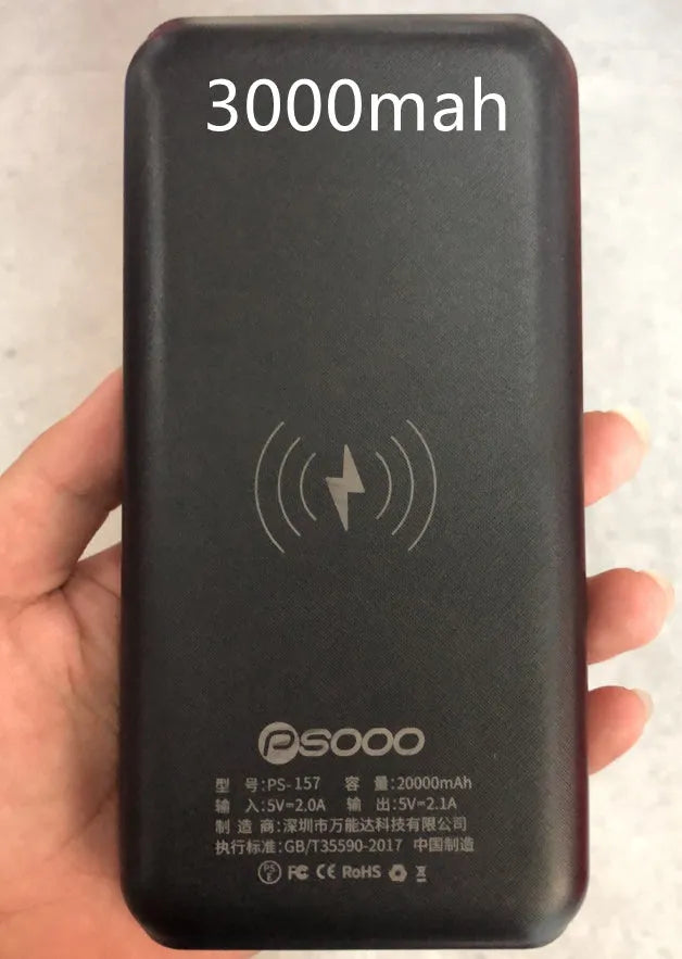 Portable solar power bank with Qi wireless charging and LED flashlight in black