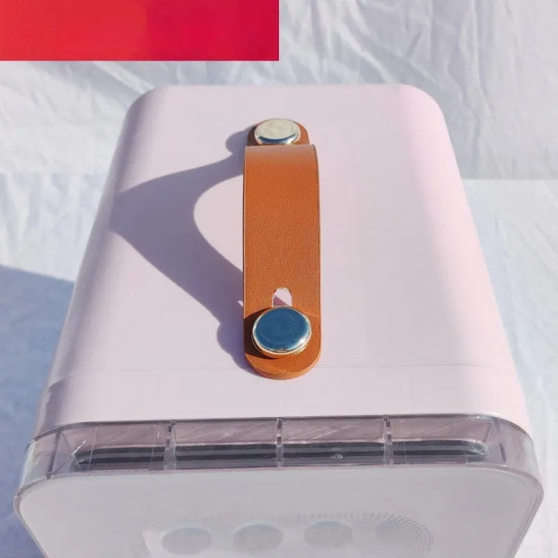 Pink beauty mini refrigerator with transparent door showing contents inside, 6L capacity hot and cold dual-use