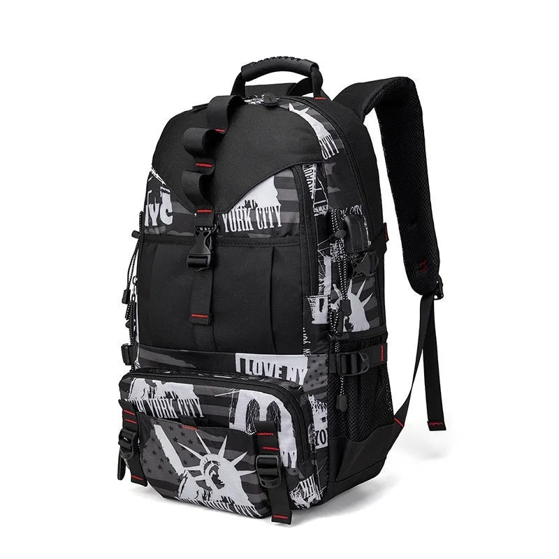Men's large waterproof Oxford cloth hiking backpack with contrasting colours and an air pillow belt system.