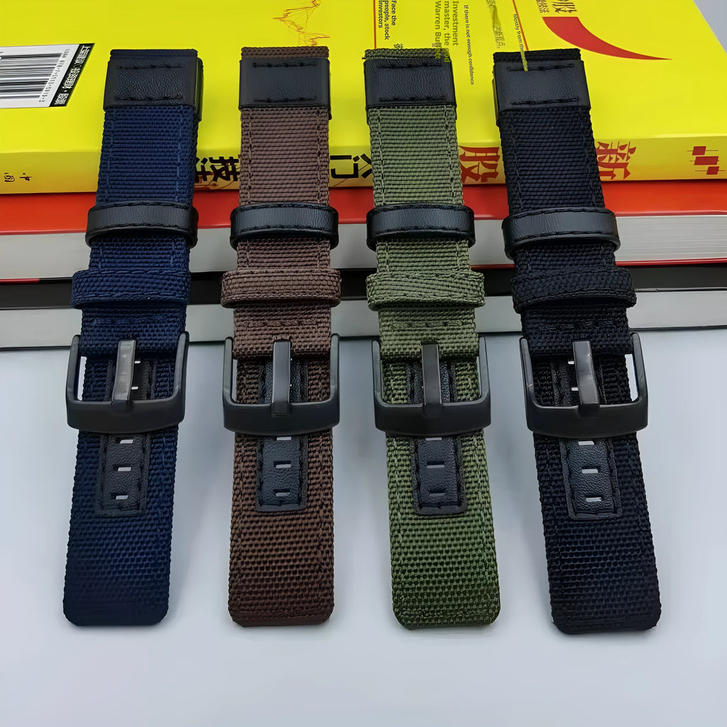 Oxford cloth canvas watch strap in multiple colour and size options on a watch case.