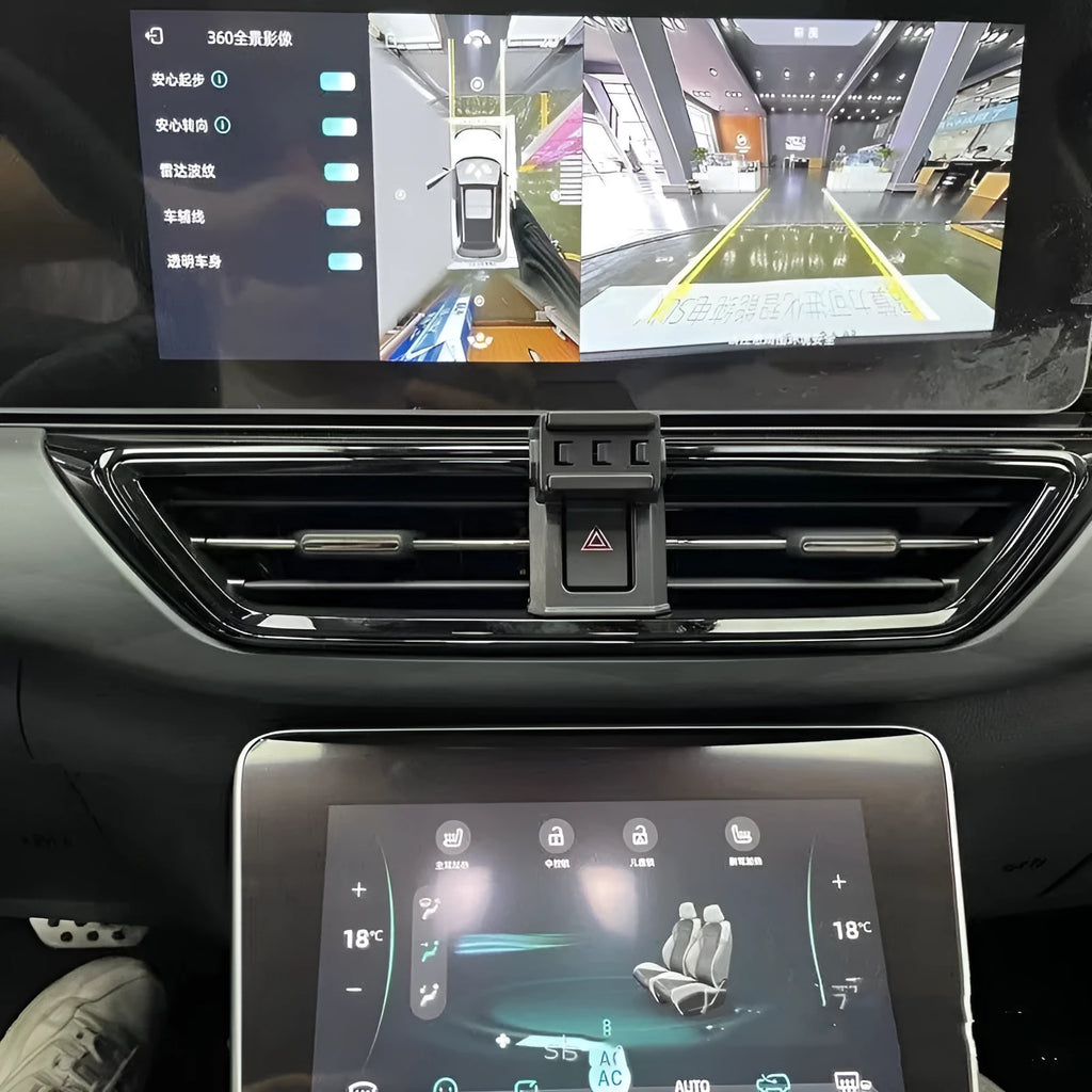 GOODWAY car mobile phone holder snapped onto a dashboard showing 360-degree rotation adjustment.