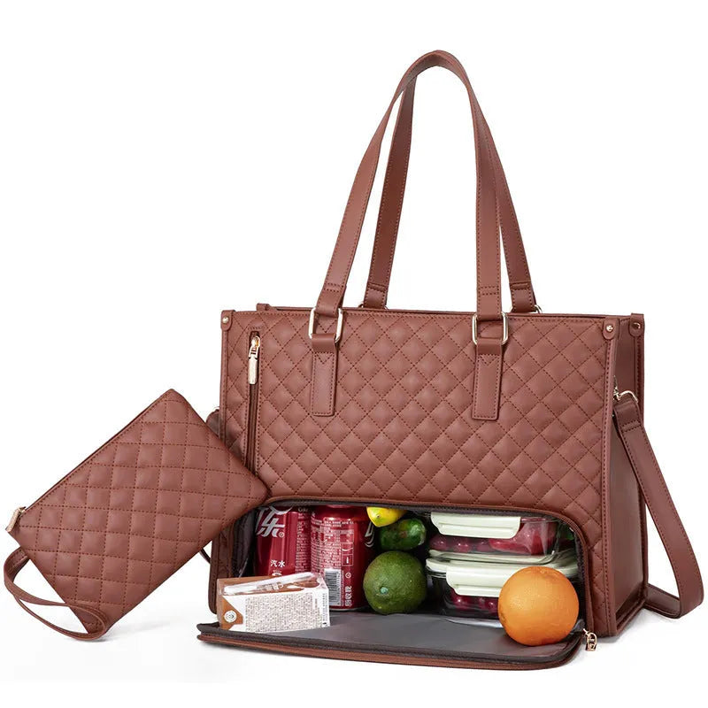 Quilted lunch tote bag for women with thermal insulation, laptop compartment, matching wallet, in black, front view